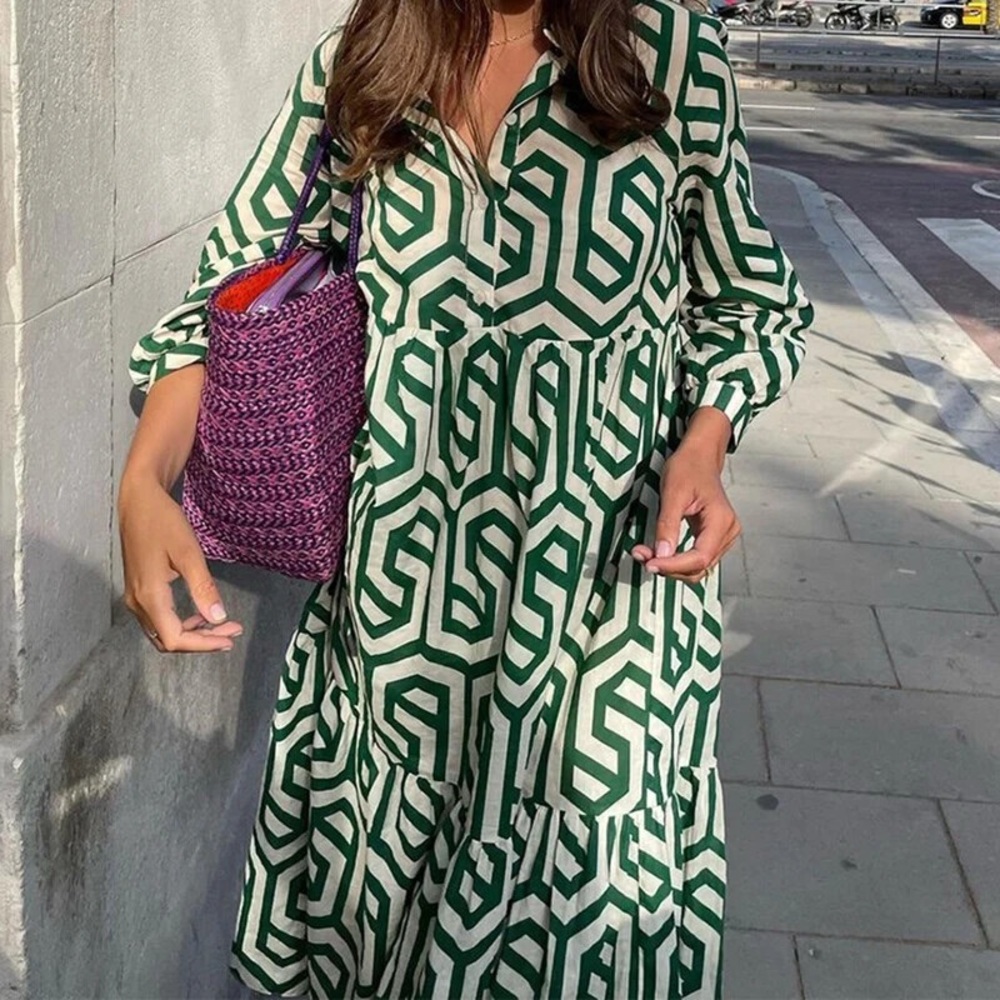 ZARA Green Geometric Print Midi Dress Bloggers Favorite Cotton Tiered Size Small - Picture 3 of 14